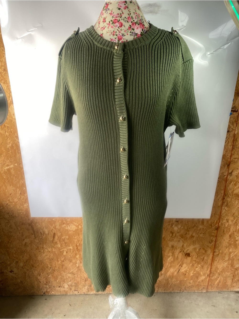French Connection Olive Ribbed Button-Front Midi Dress with Gold Buttons